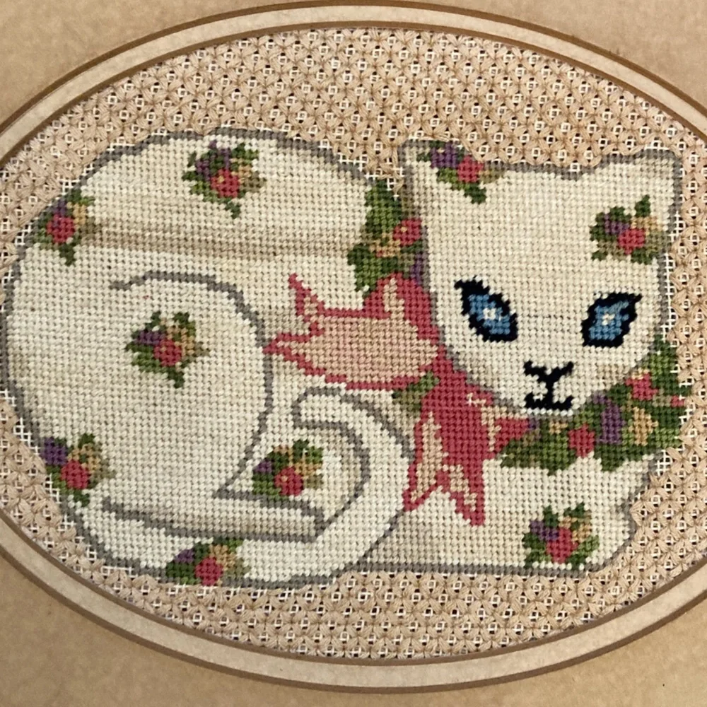 Vintage Framed Cat Wall Art Needlepoint in Burgundy Mauve Frame